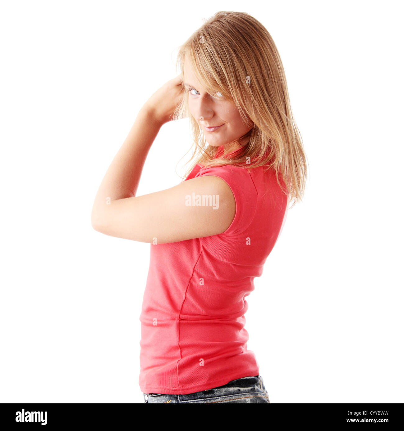 Closeup portrait of a happy young woman isolated on white background ...