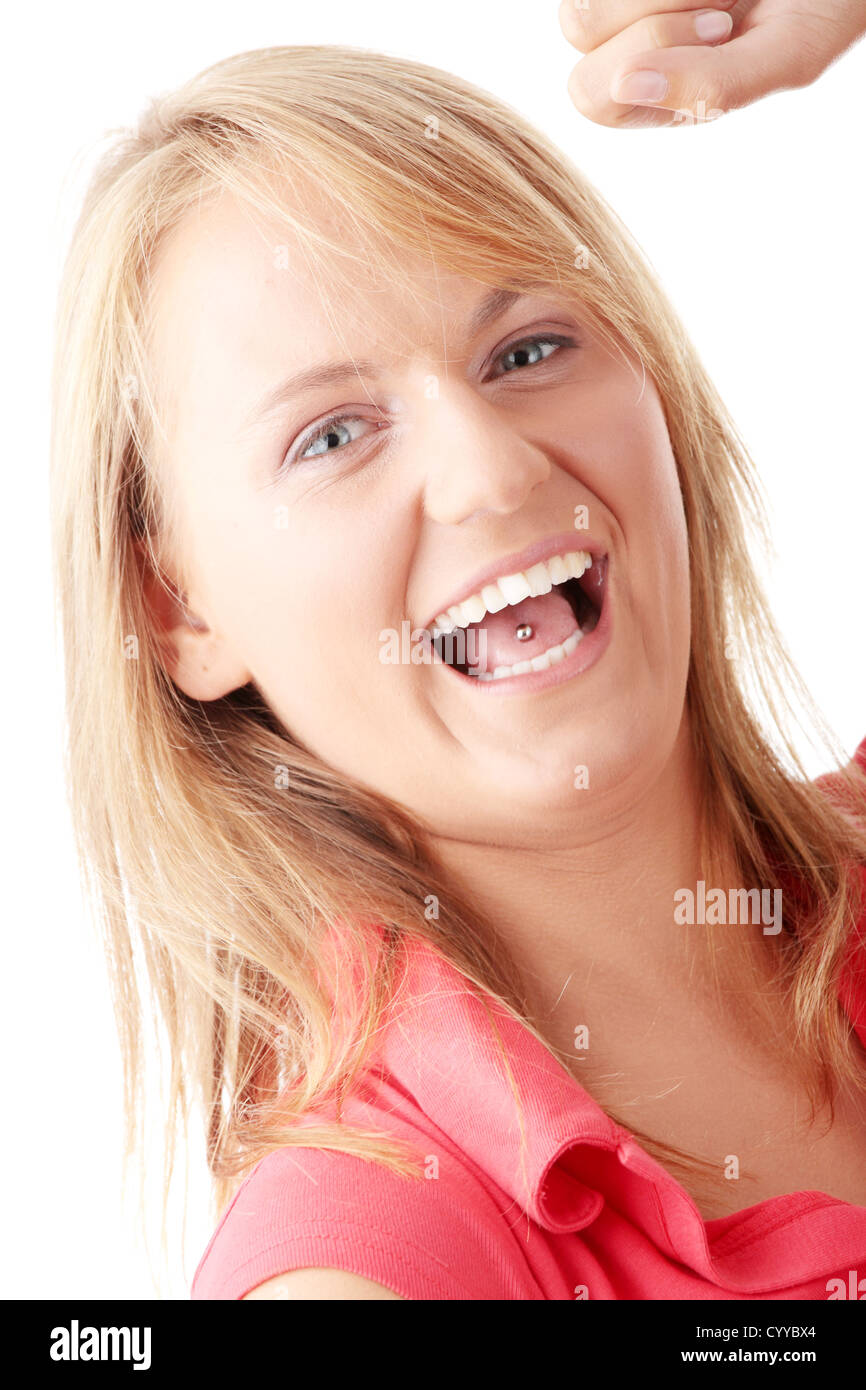 Closeup portrait of a happy young woman isolated on white background ...