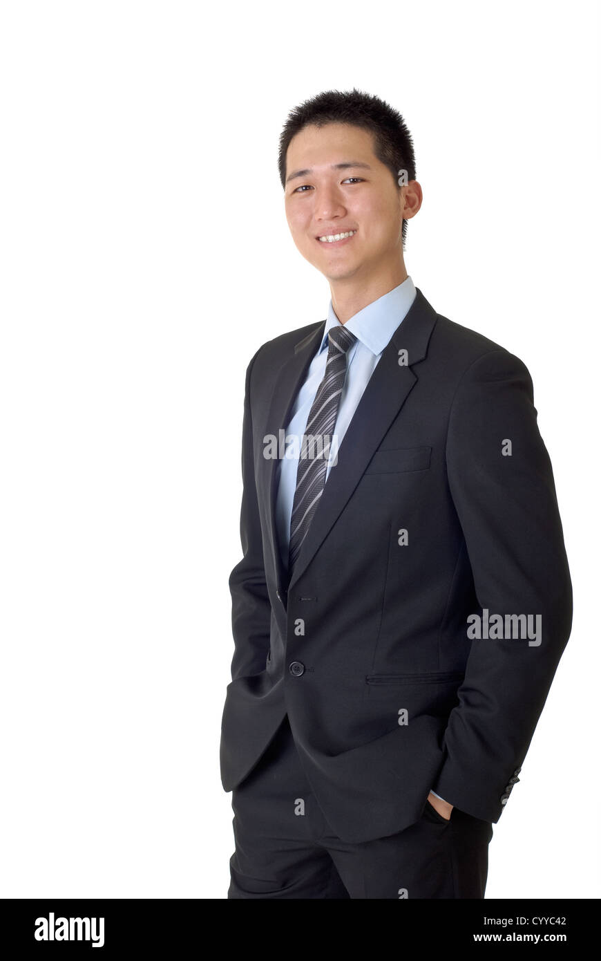Asian business man with smiling, full length portrait isolated on white ...