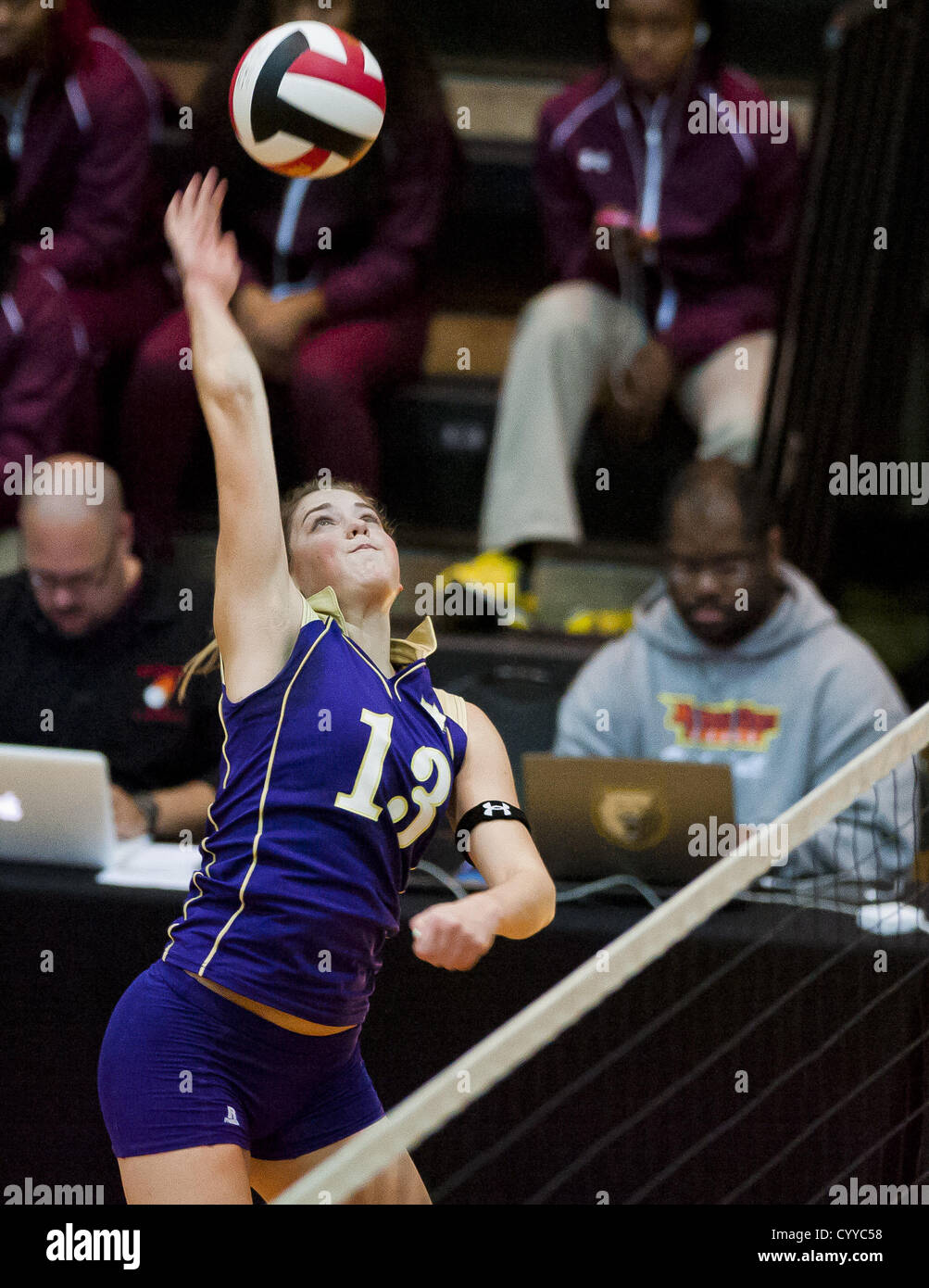 Nov. 12, 2012 - College Park, Maryland, U.S. - Smithsburg's Amanda Snowden hits the ball during the Sparrows Point High School versus Smithsburg High School match in the Semifinals of the Maryland State Volleyball 1A Championship at Ritchie Coliseum in College Park, Maryland on November 12, 2012. Smithsburg defeated Sparrows Point in straight sets 25-10, 25-12, 25-10 to advance to the State Finals. (Credit Image: © Scott Serio/Eclipse/ZUMAPRESS.com) Stock Photo