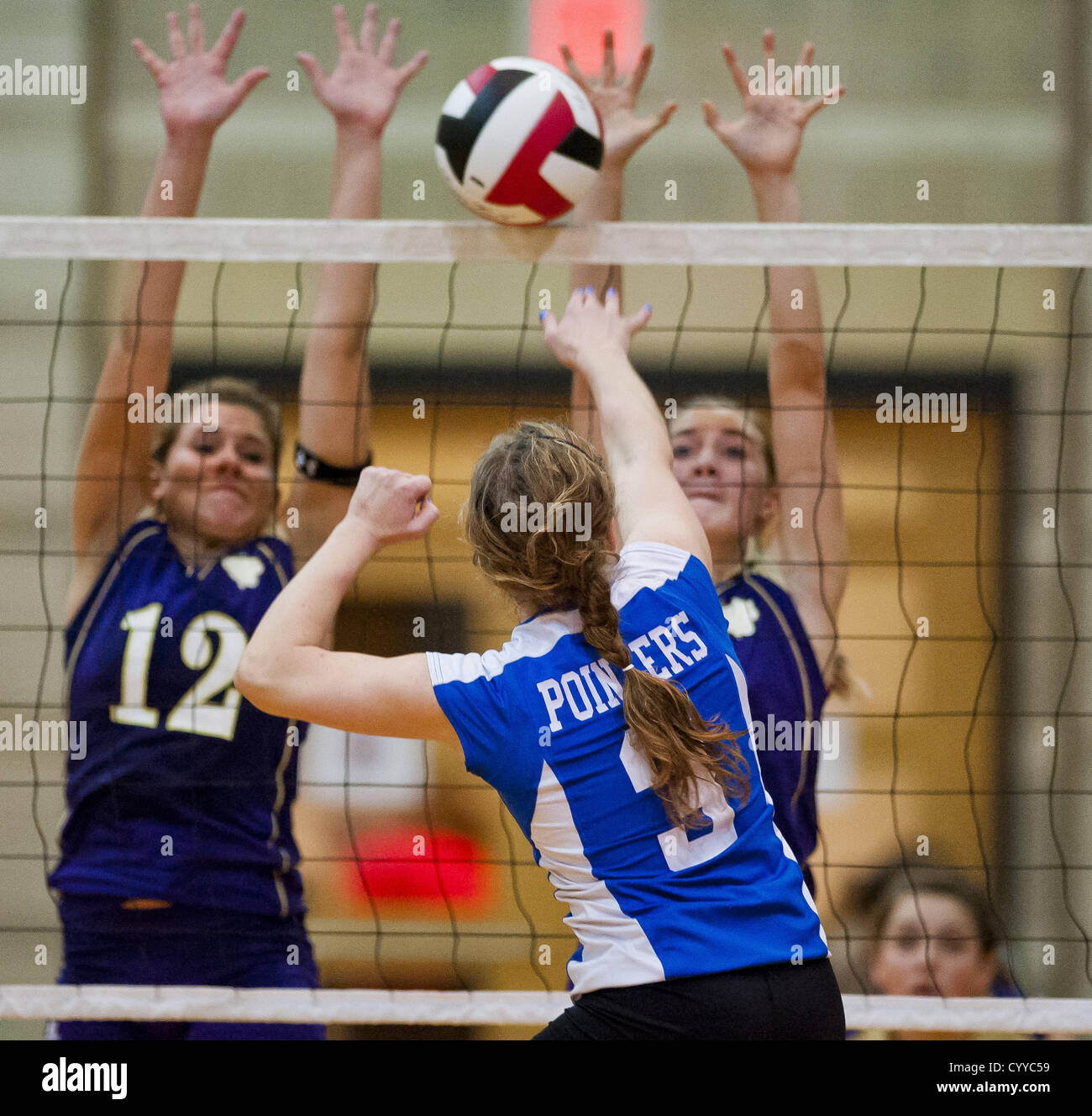 Nov. 12, 2012 - College Park, Maryland, U.S. - Scenes from action during the Sparrows Point High School versus Smithsburg High School match in the Semifinals of the Maryland State Volleyball 1A Championship at Ritchie Coliseum in College Park, Maryland on November 12, 2012. Smithsburg defeated Sparrows Point in straight sets 25-10, 25-12, 25-10 to advance to the State Finals. (Credit Image: © Scott Serio/Eclipse/ZUMAPRESS.com) Stock Photo
