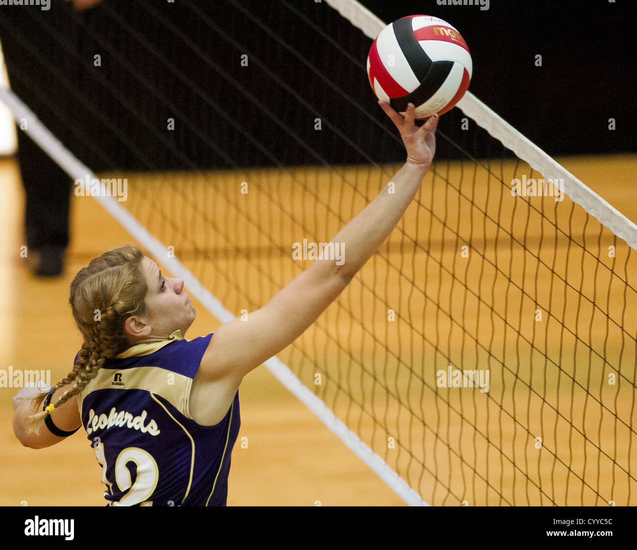 Nov. 12, 2012 - College Park, Maryland, U.S. - Smithsburg's Haley Caudell hits the ball during the Sparrows Point High School versus Smithsburg High School match in the Semifinals of the Maryland State Volleyball 1A Championship at Ritchie Coliseum in College Park, Maryland on November 12, 2012. Smithsburg defeated Sparrows Point in straight sets 25-10, 25-12, 25-10 to advance to the State Finals. (Credit Image: © Scott Serio/Eclipse/ZUMAPRESS.com) Stock Photo