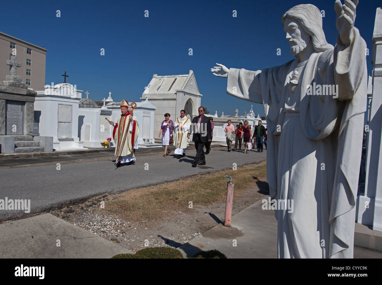 New Orleans, Louisiana - Archbishop Gregory Aymond leads the Blessing of the Graves at St. Louis #3 Cemetery on All Saints Day. Stock Photo