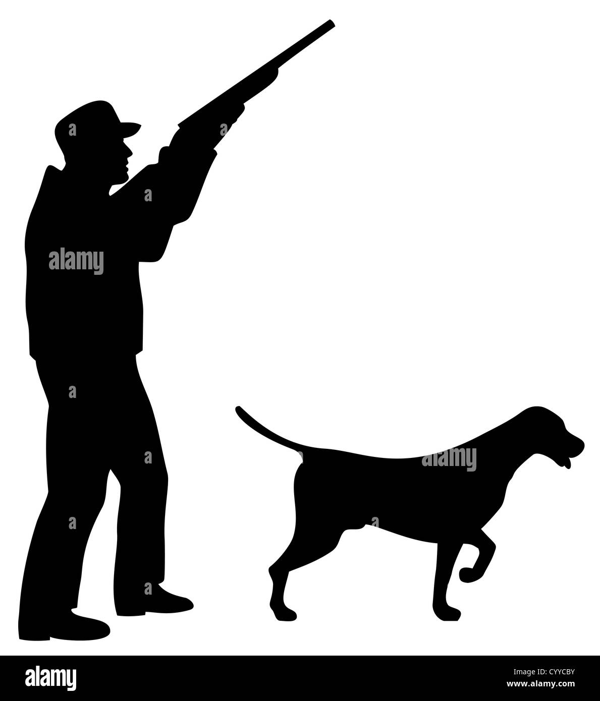 illustration of a hunter aiming shotgun rifle gun with pointer dog done in retro style on isolated background Stock Photo