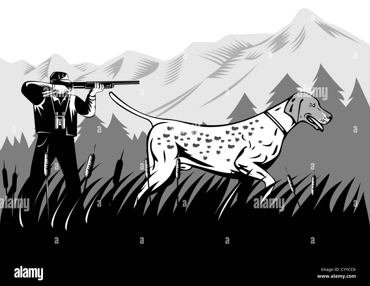 illustration of a hunter aiming shotgun rifle gun with pointer dog done in retro style on isolated background Stock Photo