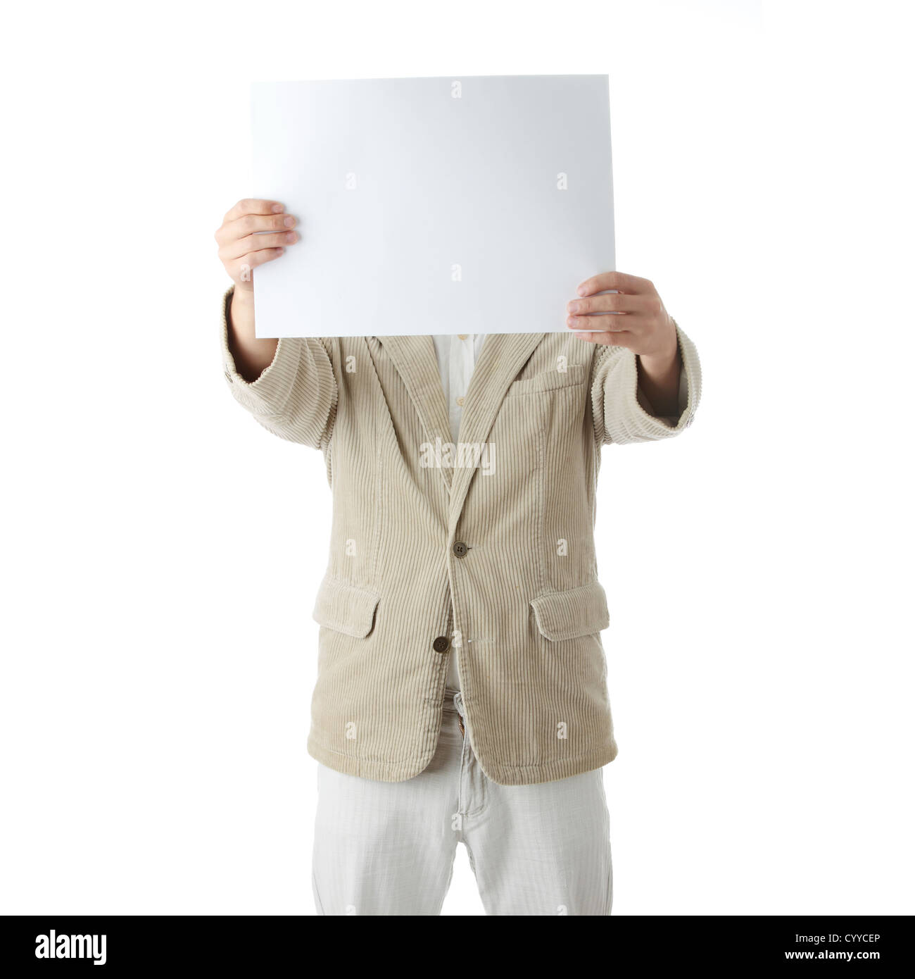 Young the man holds blank signs. It is isolated on a white background Stock Photo