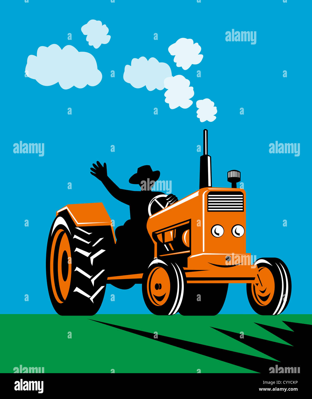 illustration of a vintage farm tractor with driver waving done in retro ...