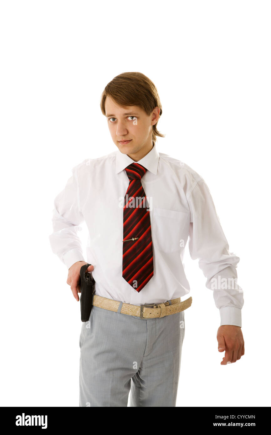 Portrait of handsome Young man holding gun isolated Stock Photo