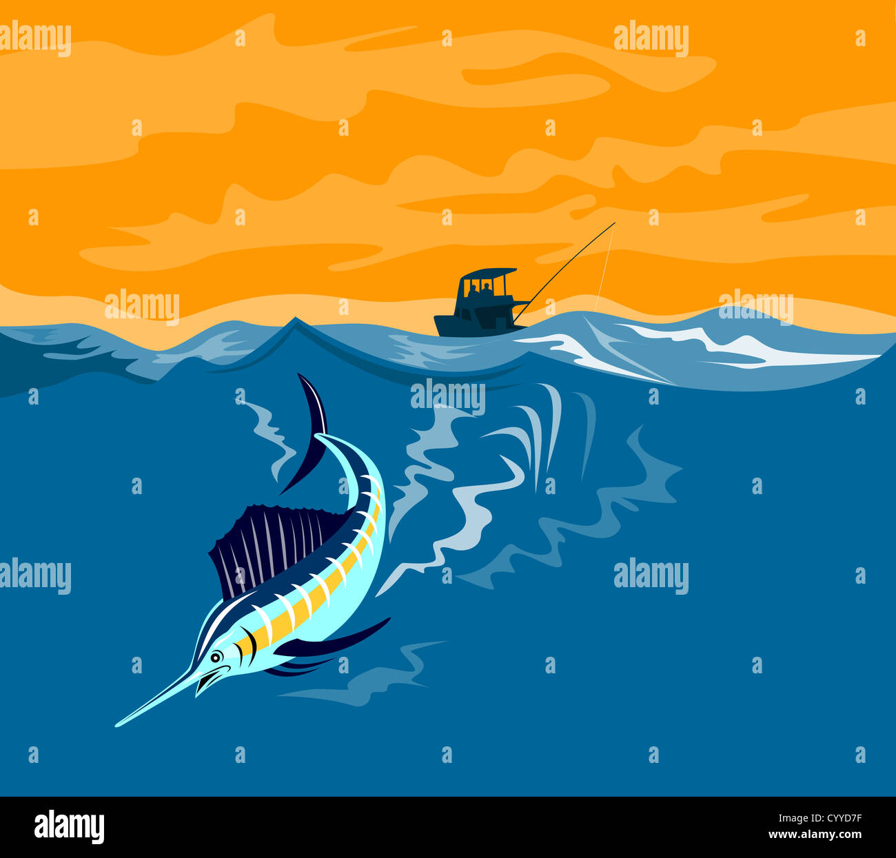 Illustration of a sailfish fish jumping with fishing boat in background done in retro style. Stock Photo