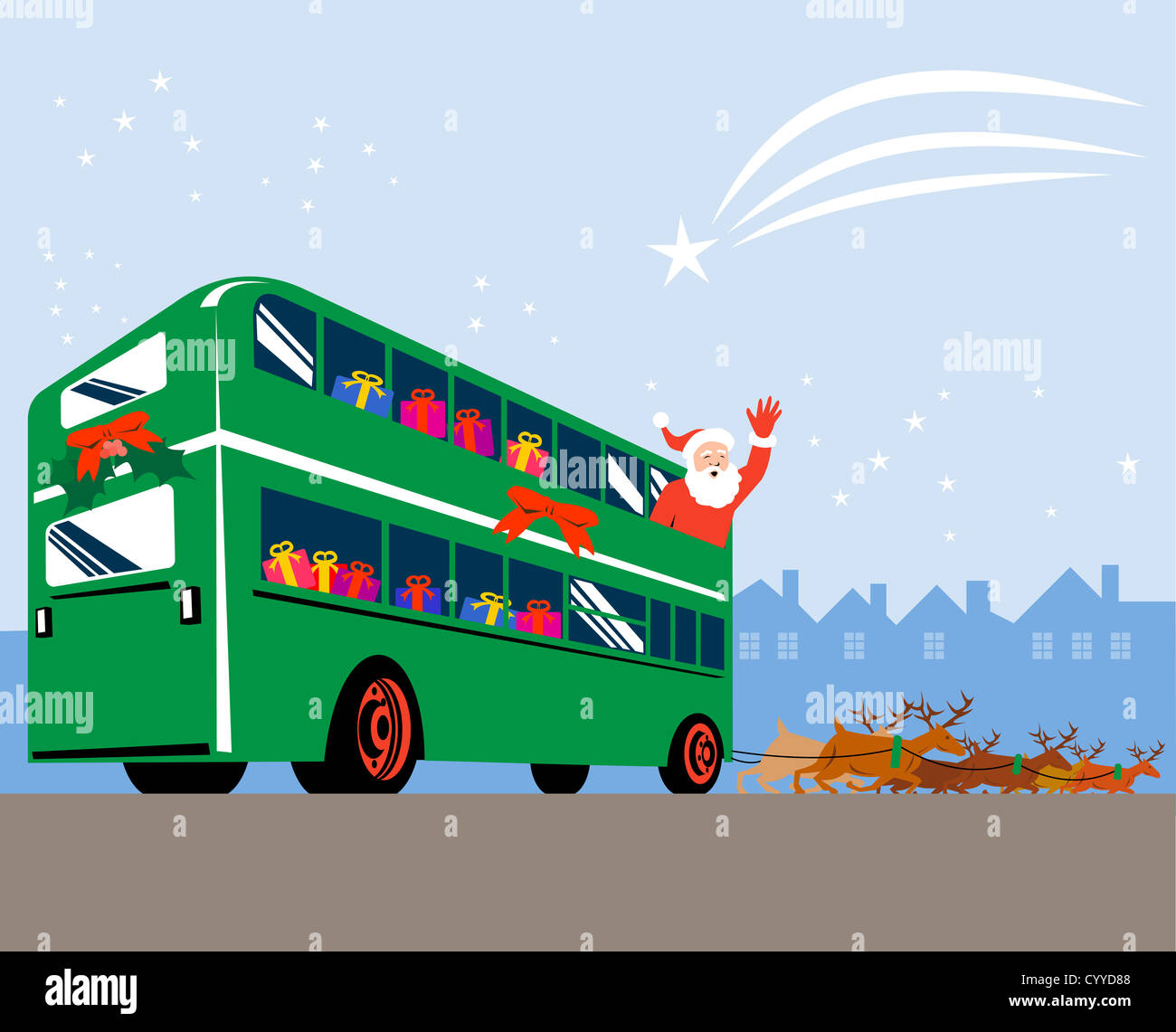 illustration of Father Christmas Santa Claus waving riding double decker bus with reindeers pulling done in retro style Stock Photo
