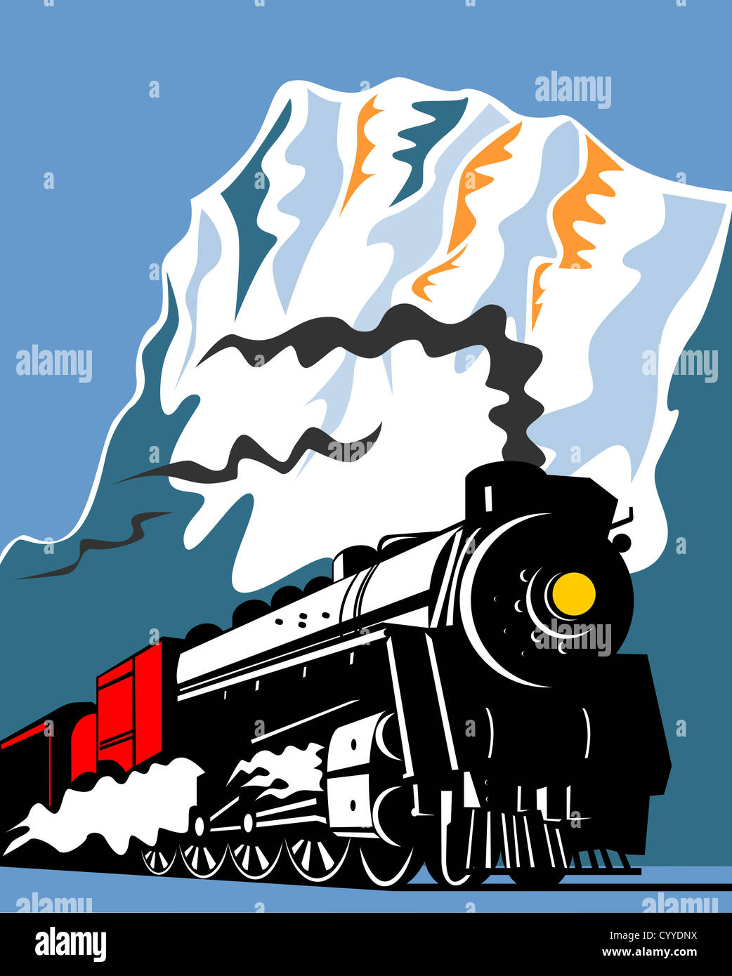 Illustration of a steam train locomotive coming up on railroad done in retro woodcut style Stock Photo