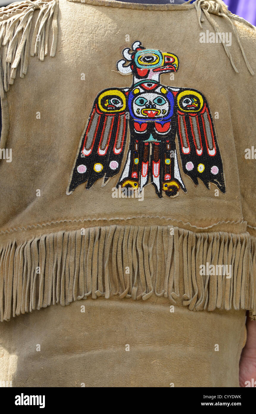 Beadwork on leather shirt at native ceremony in Auk Bay, Alaska. Stock Photo
