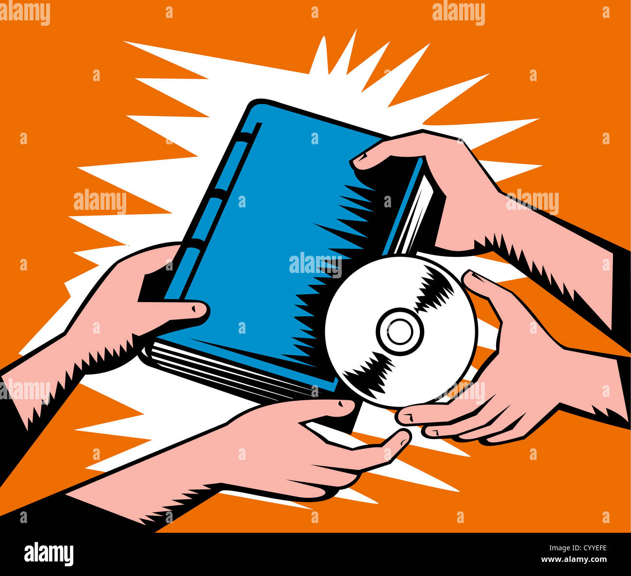 Illustration of two pair of hands exchanging book and cd disk done in retro woodcut style. Stock Photo