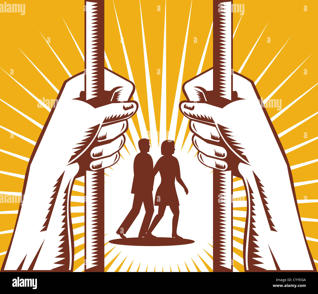 Illustration of pair of hands inside prison cell bar looking at couple lovers walking retro woodcut style. Stock Photo