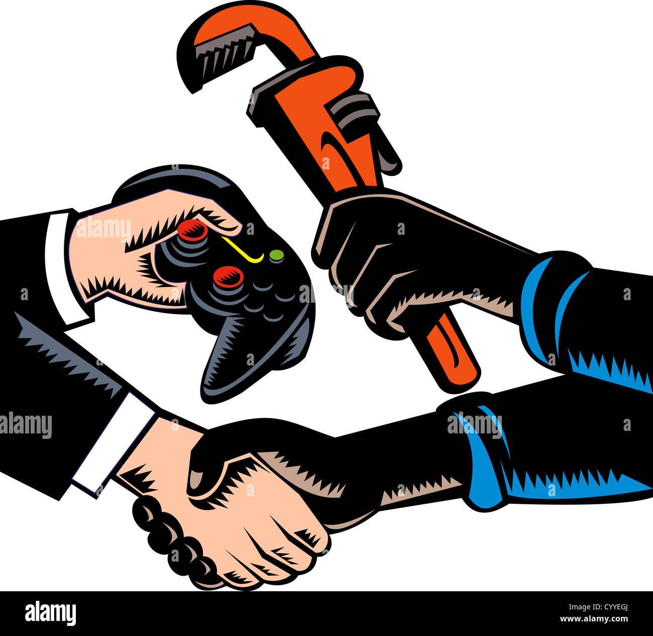Illustration of hands exchanging bartering swapping plumbing service adjustable wrench with game controller woodcut style. Stock Photo