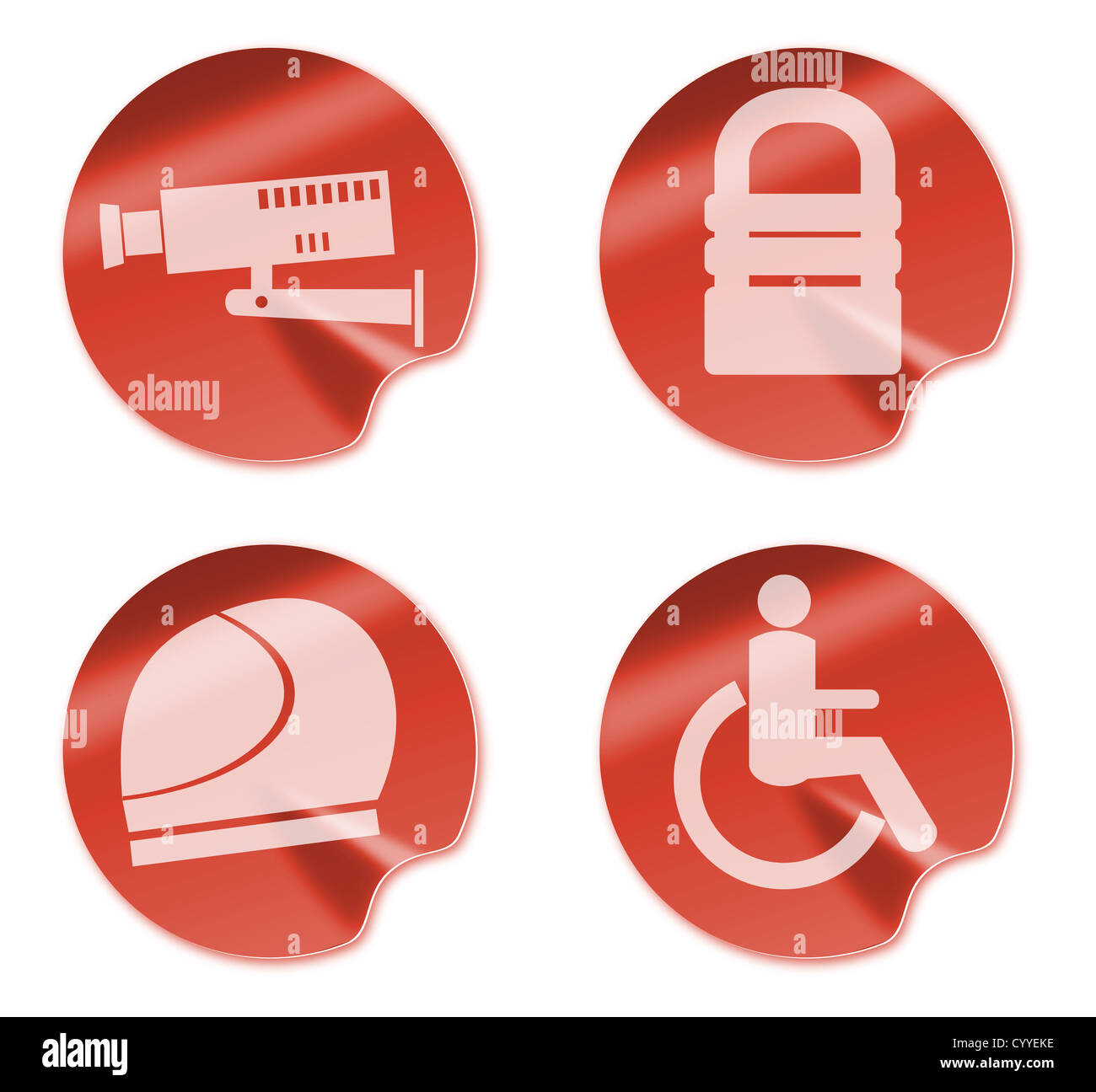Illustration of icons showing cctv surveillance camera bike crash helmet padlock mobility wheelchair on isolated background. Stock Photo