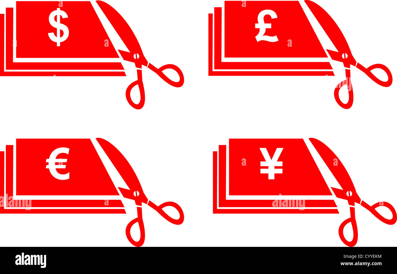 Illustration of a pair of scissors cutting notes with dollar yen euro and great british pound sign on white background. Stock Photo