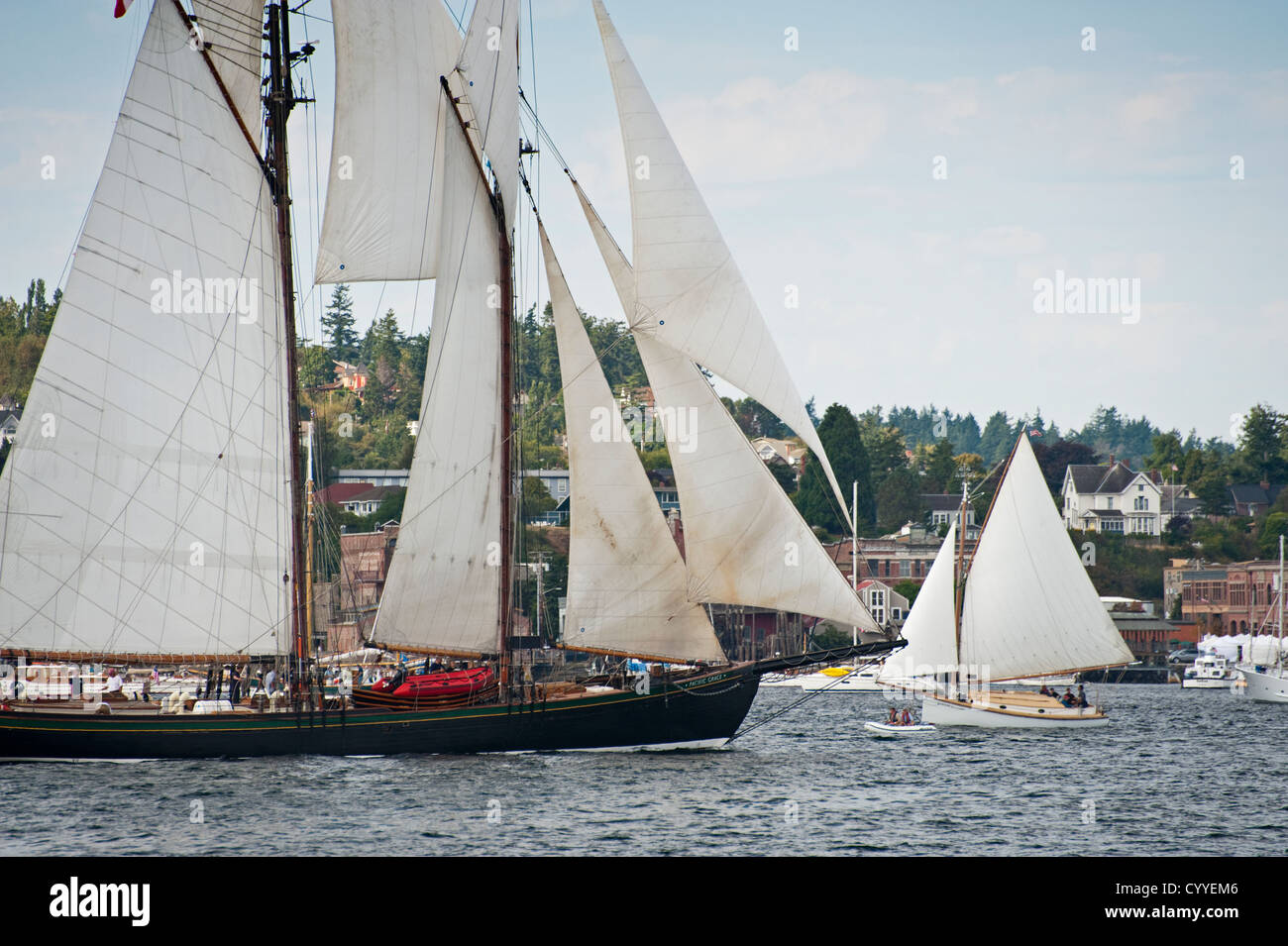 During the Port Townsend Wooden Boat Festival a schooner race was held with many historic wooden tall ships and sailboats. Stock Photo