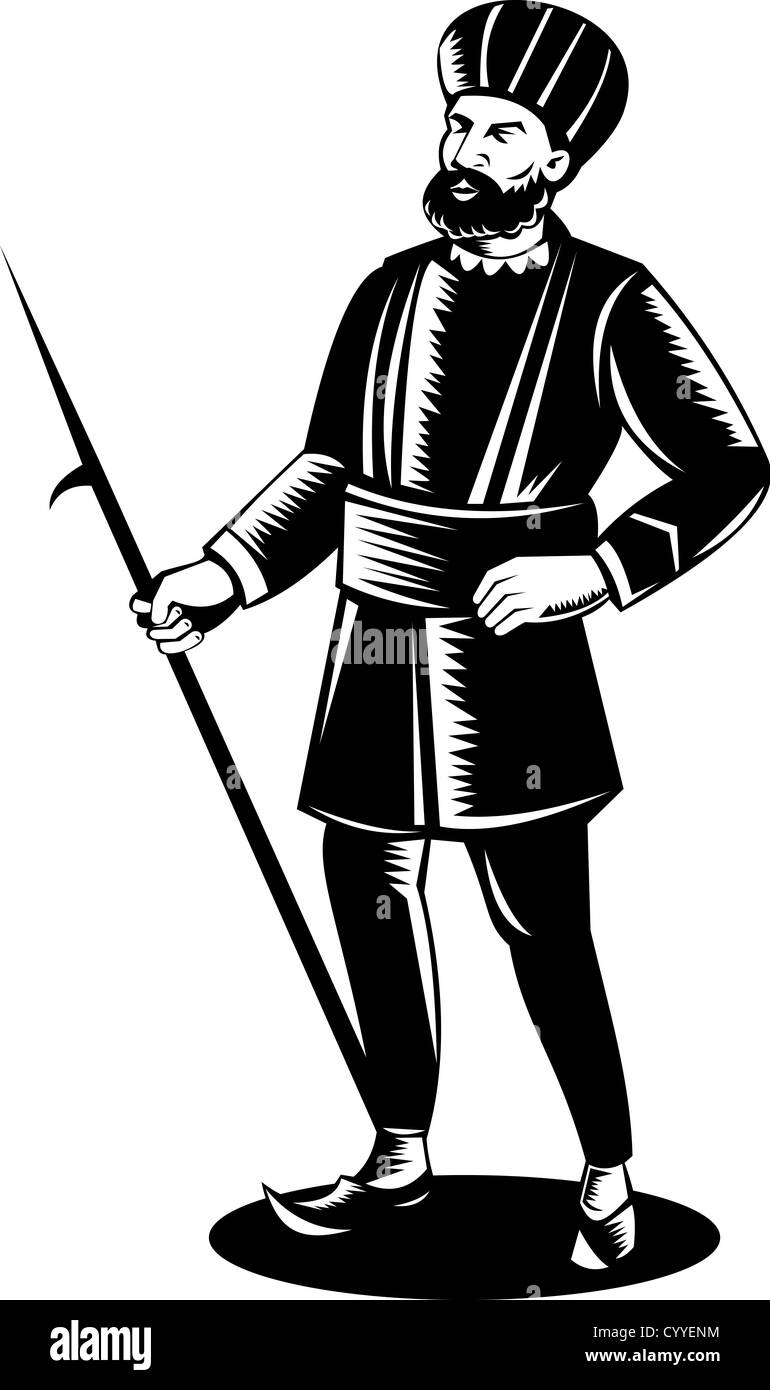 Illustration of an indian sikh guard with spear hook done in retro woodcut  style Stock Photo - Alamy