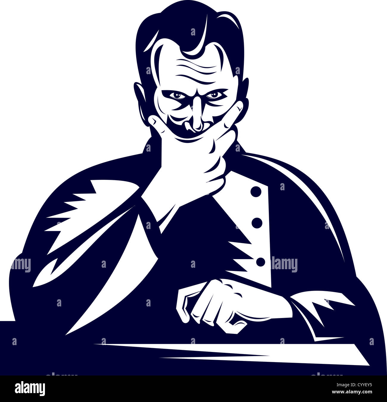 Illustration of a male doctor sitting facing front with hand on mouth chin retro woodcut. Stock Photo