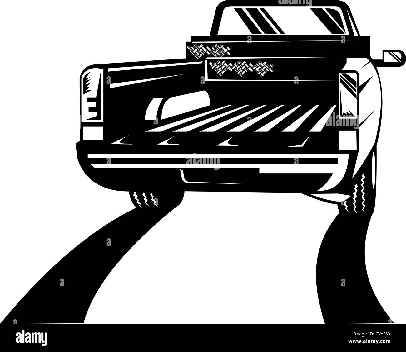 Illustration of a pickup truck viewed from rear done in retro style