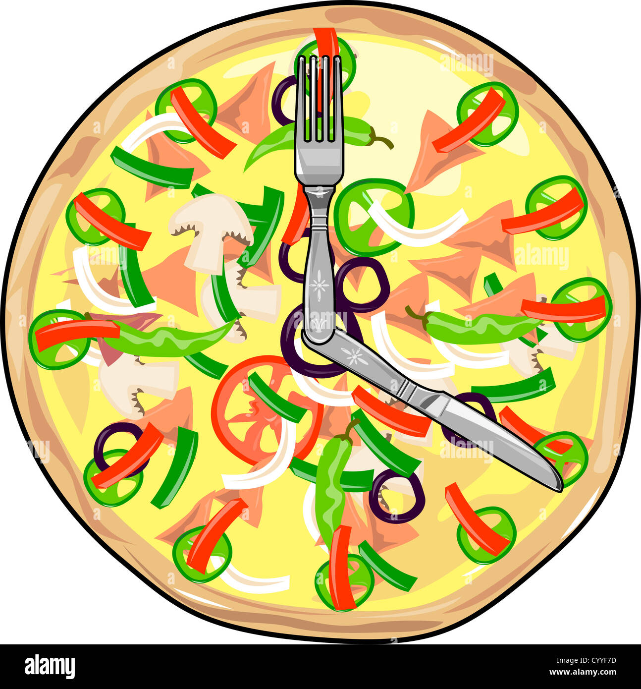 Illustration of a pizza pie clock with fork and knife as minute and