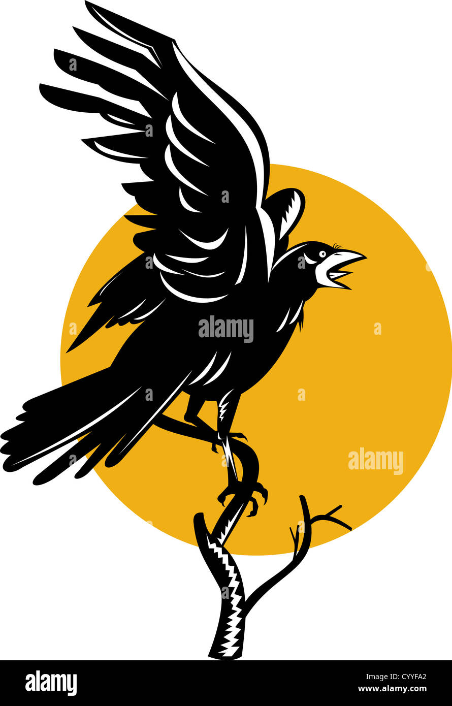 Illustration of a black raven perched on a branch done in retro woodcut style. Stock Photo