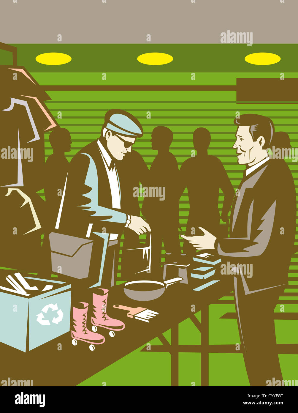 Illustration of a flea market selling trading goods done in retro style. Stock Photo