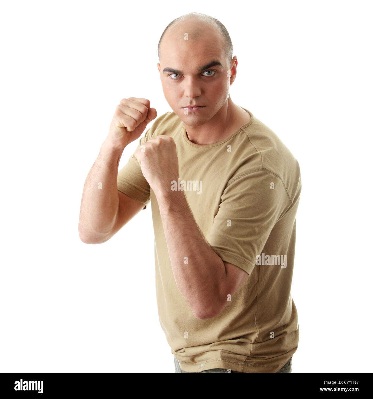 Angry man ready to fight  isolated on white background Stock Photo