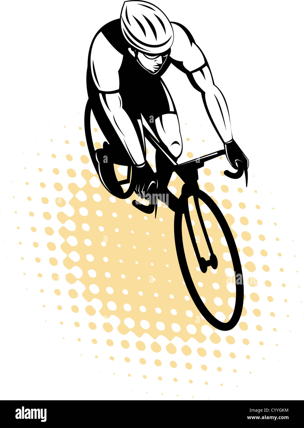 Illustration of a male cyclist riding racing bicycle viewed from high angle done in retro style. Stock Photo