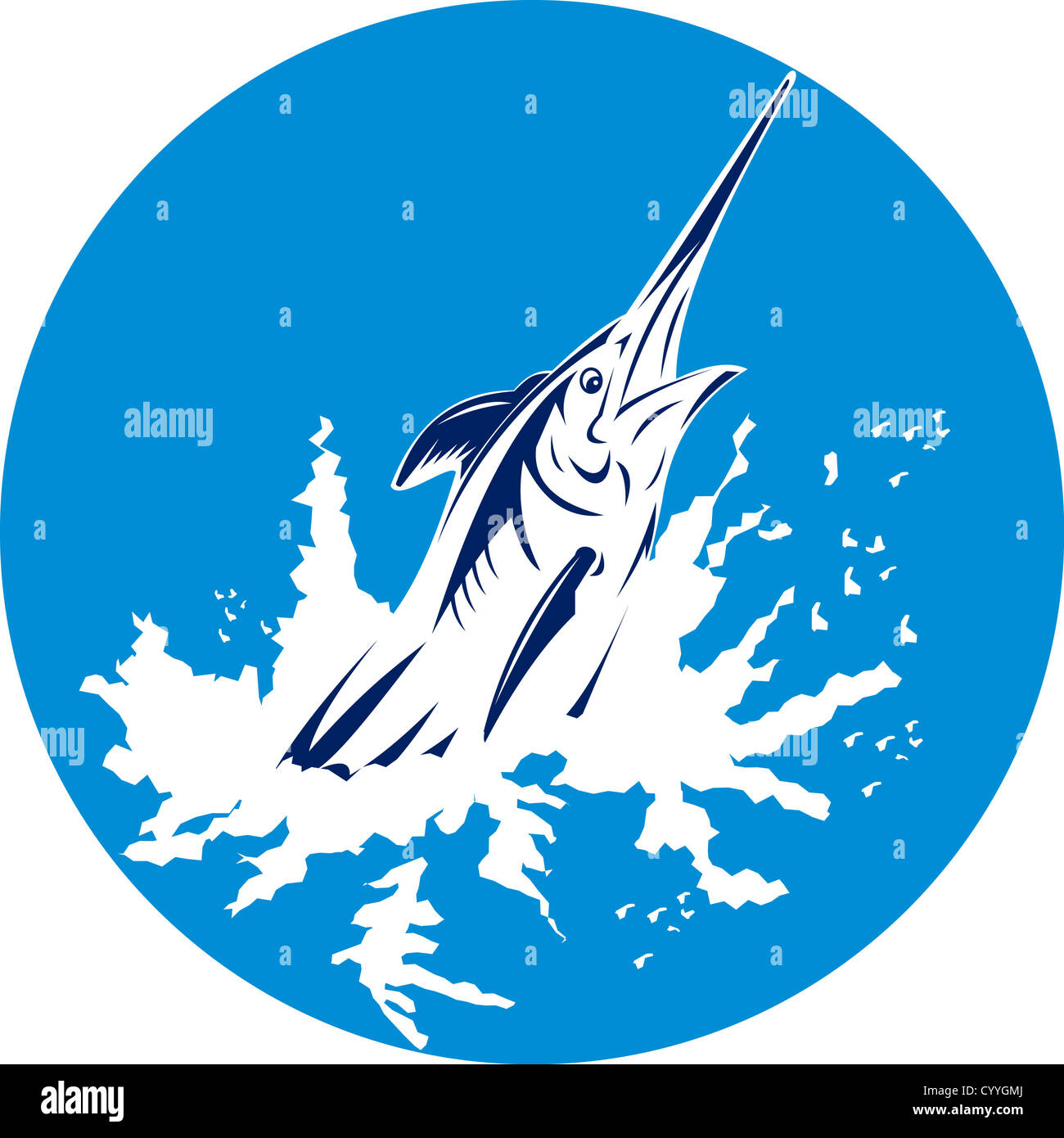 Illustration of a blue marlin swordfish jumping viewed from side done in retro woodcut style. Stock Photo