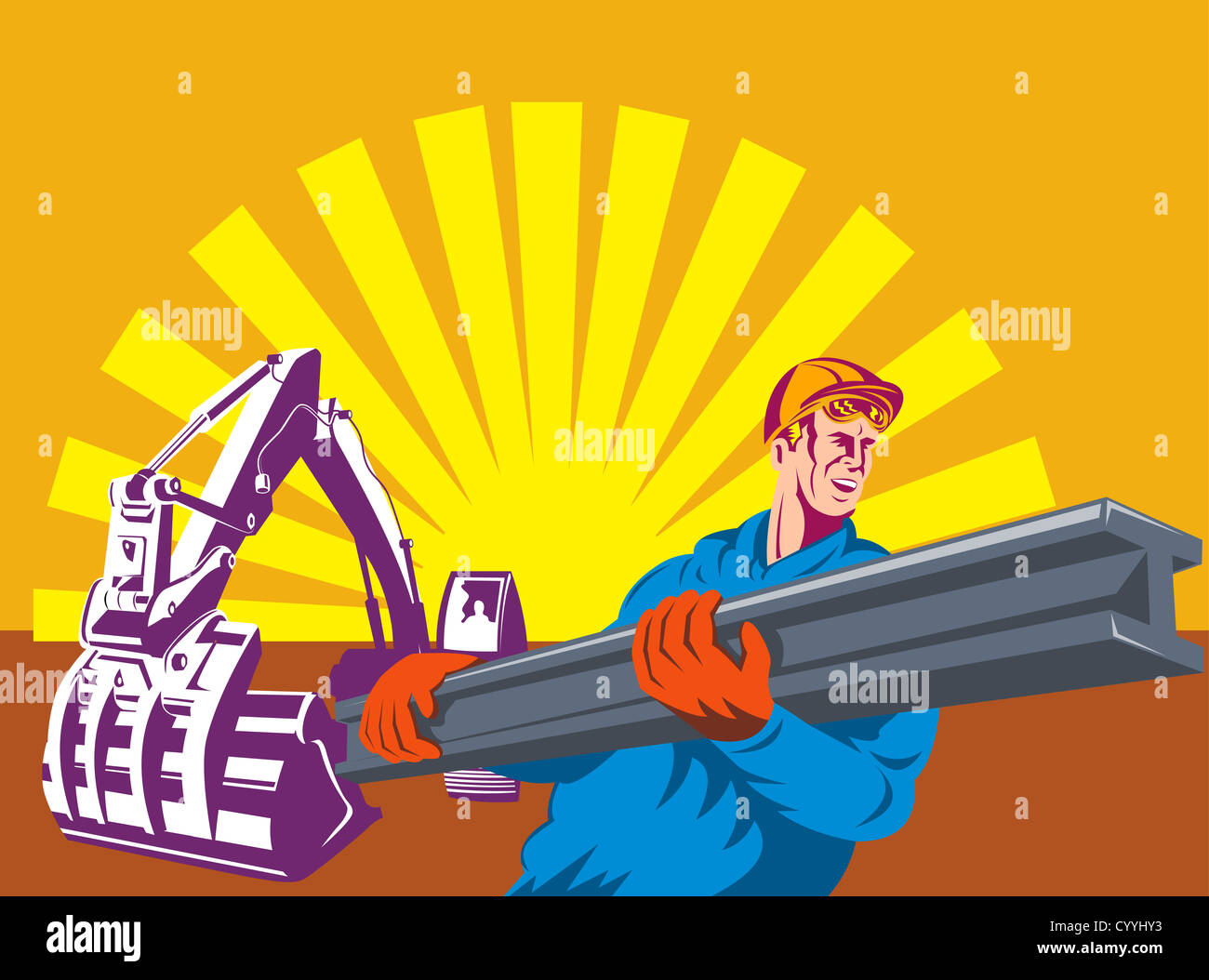 illustration of a construction worker at work carrying i-beam with ...