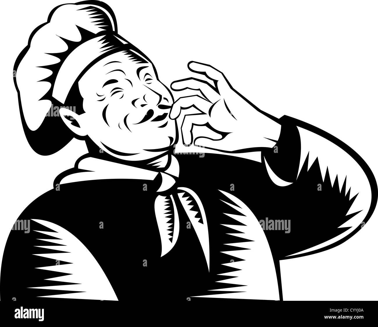 illustration of a chef, cook or baker done in retro woodcut style holding hand to mouth blowing a kiss Stock Photo