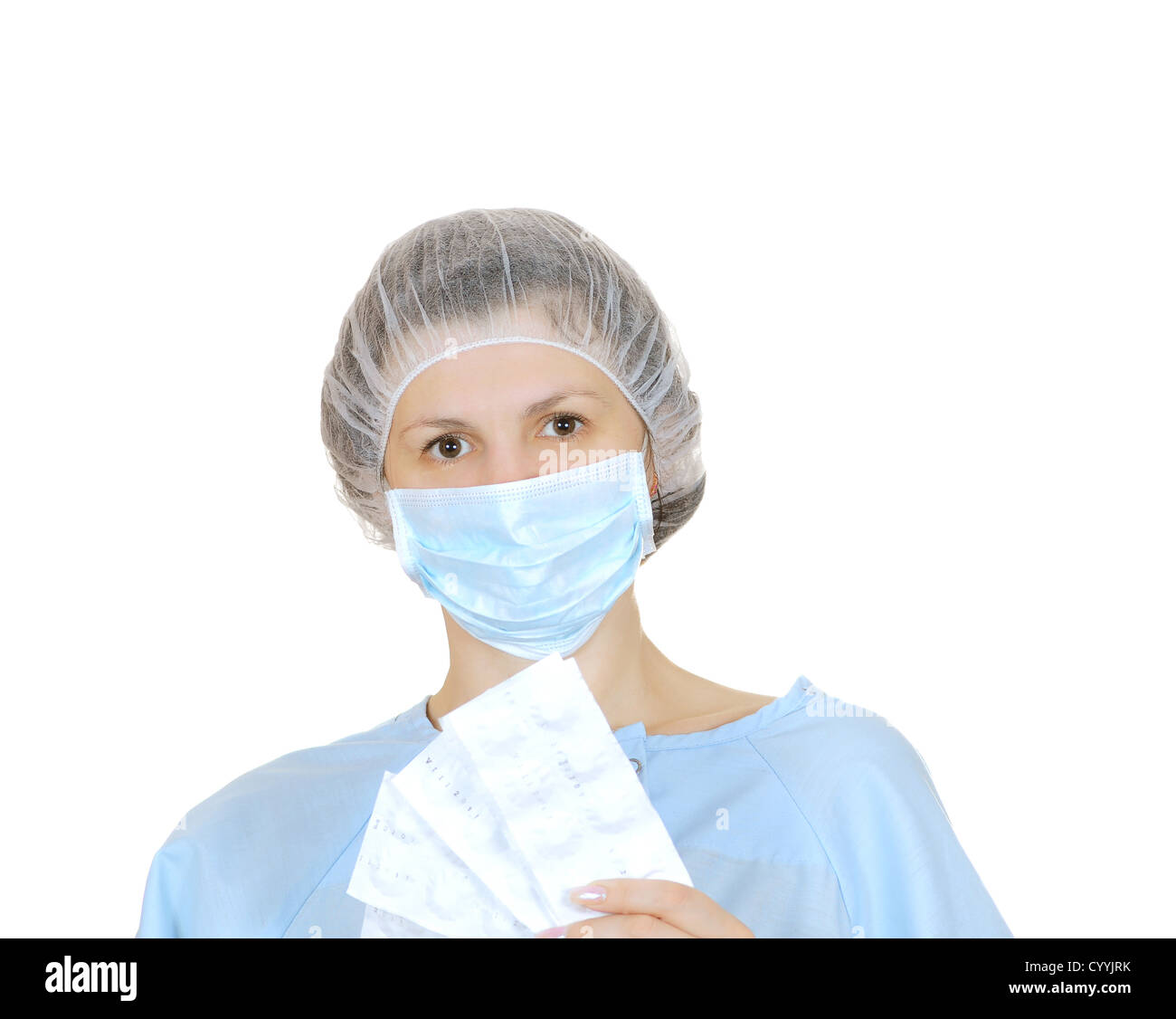 The woman in a medical mask isolated on white background Stock Photo ...