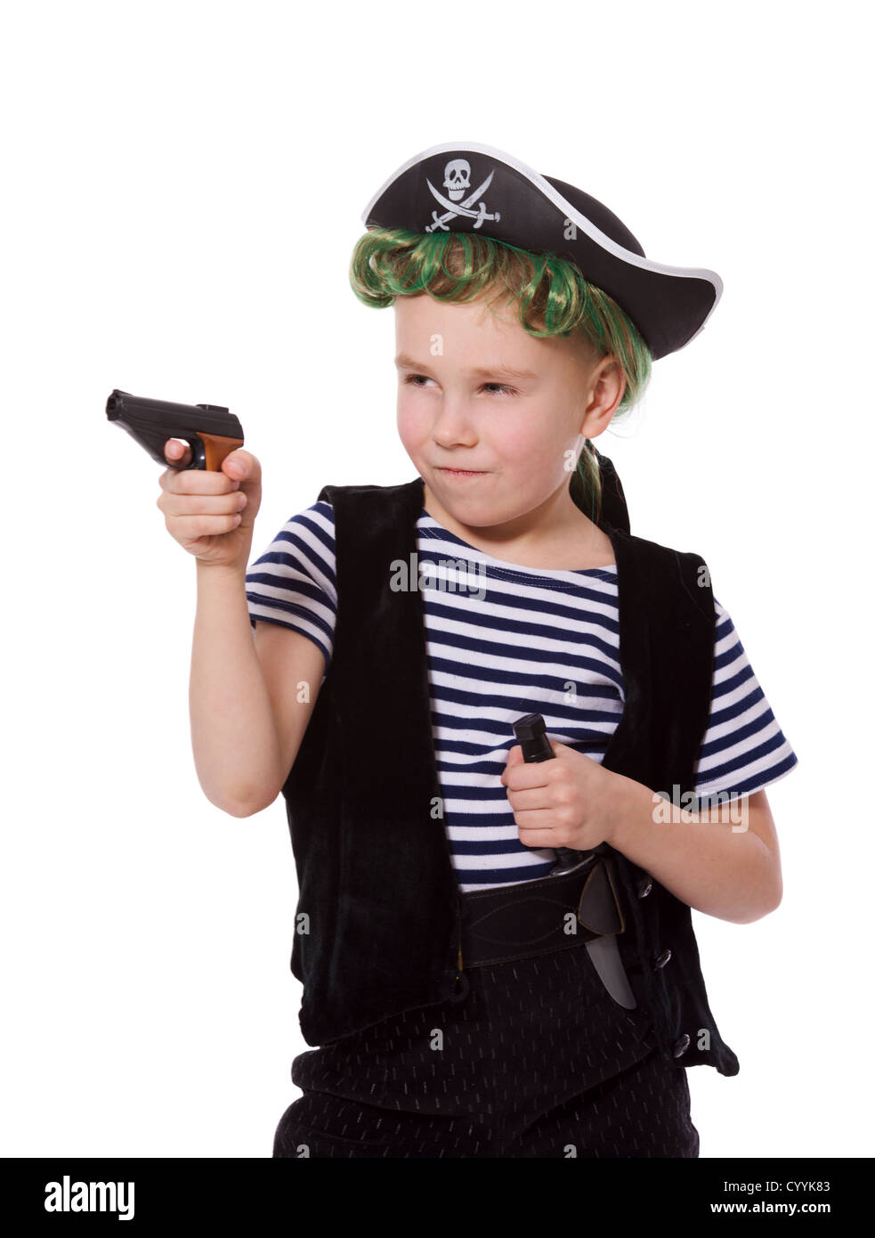 Boy wearing pirate costume shooting pistol isolated on white Stock Photo