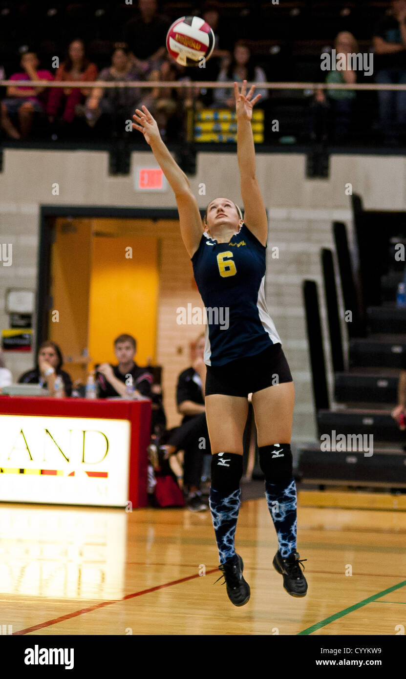 Nov. 12, 2012 - College Park, Maryland, U.S. - Perryville';s Morgan Tennant sets the ball during the Perryville High School versus Dunbar High School match in the Semifinals of the Maryland State Volleyball 1A Championship at Ritchie Coliseum in College Park, Maryland on November 12, 2012. Perryville defeated Dunbar 25-21, 25-7 and 25-22 in straights sets to earn a rematch with Smithsburg for the State 1A Title. (Credit Image: © Scott Serio/Eclipse/ZUMAPRESS.com) Stock Photo