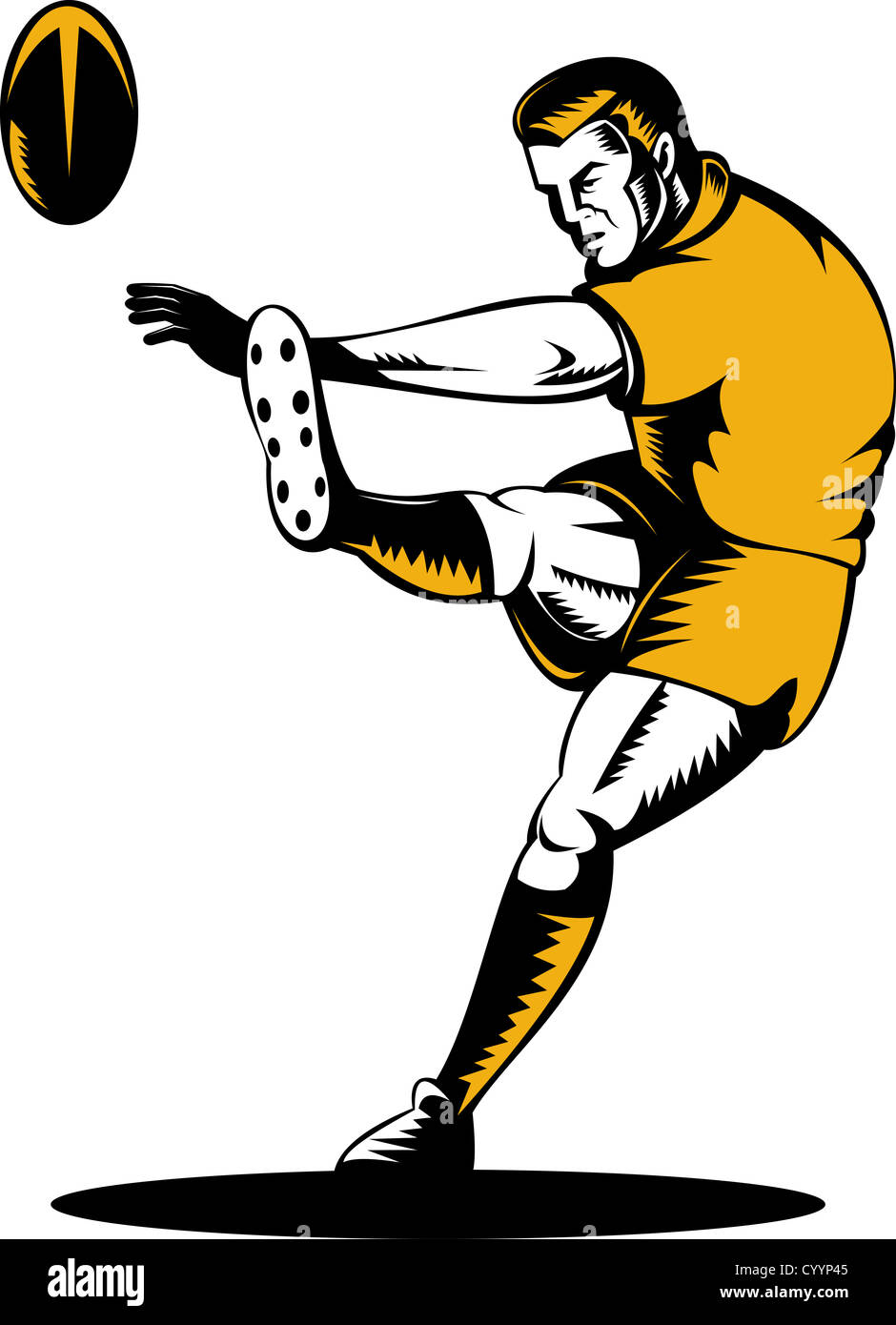 illustration of a rugby player kicking the ball on isolated background done in retro woodcut style Stock Photo
