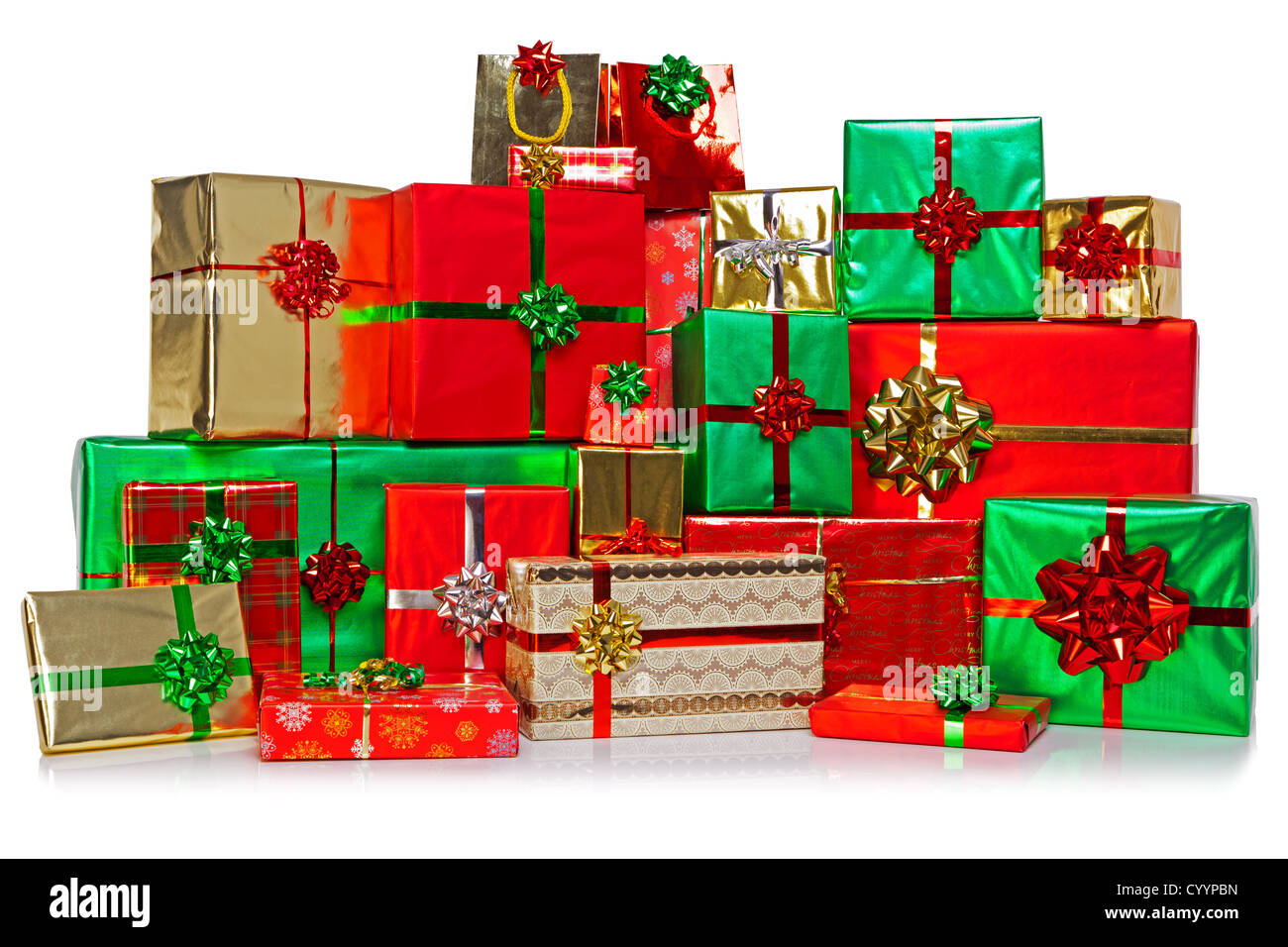 A large group of gift wrapped Christmas presents in a colourful Stock