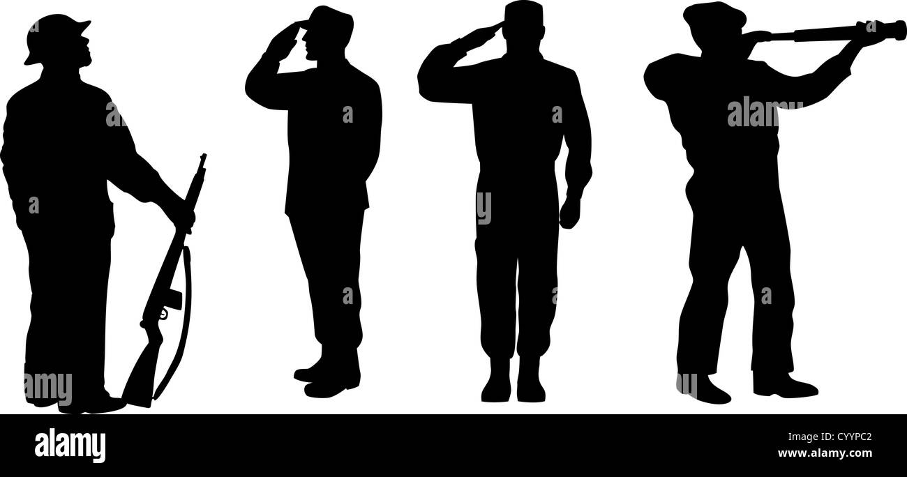 illustration of a silhouette of a soldier saluting, standing attention and looking at telescope on white background Stock Photo