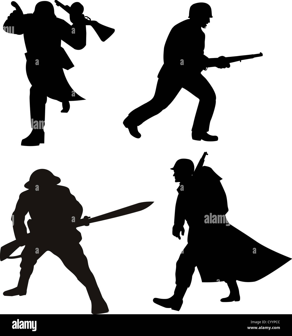illustration of a silhouette of a soldier attacking with bayonet rifle,marching on white background Stock Photo