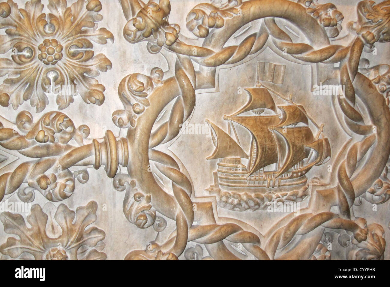 Detail of carving, Tomb of Vasco da Gama, Hieronymites Monastery, Lisbon Portugal Stock Photo