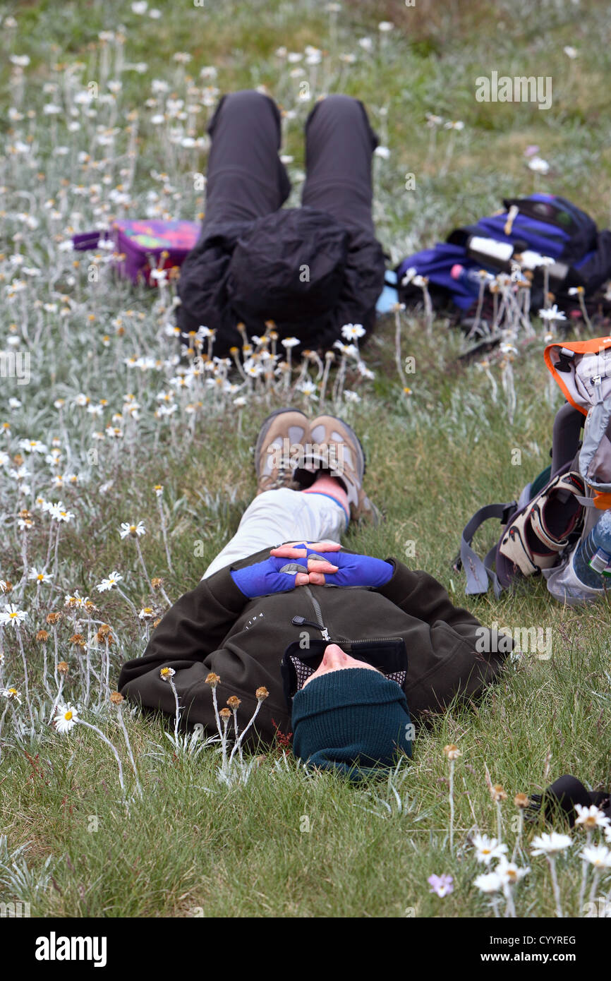 Bushwalkers resting in the Australian Alps. Kosciuszko National Park, New South Wales. Stock Photo