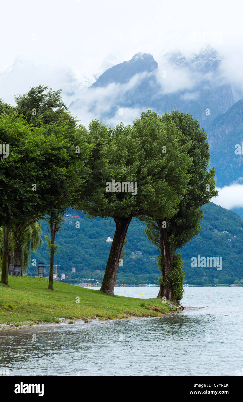 Lake Como (Italy) summer cloudy view with trees on shore Stock Photo