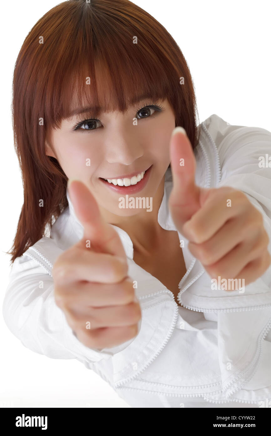 Happy business woman give double excellent gesture with smiling ...