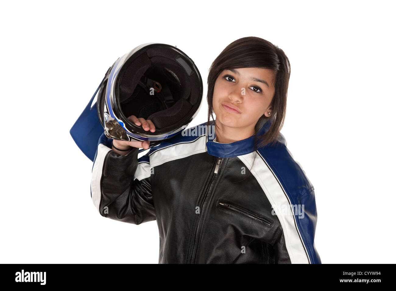 Latina teenage girl in motorcycle riding outfit and helmet Stock Photo