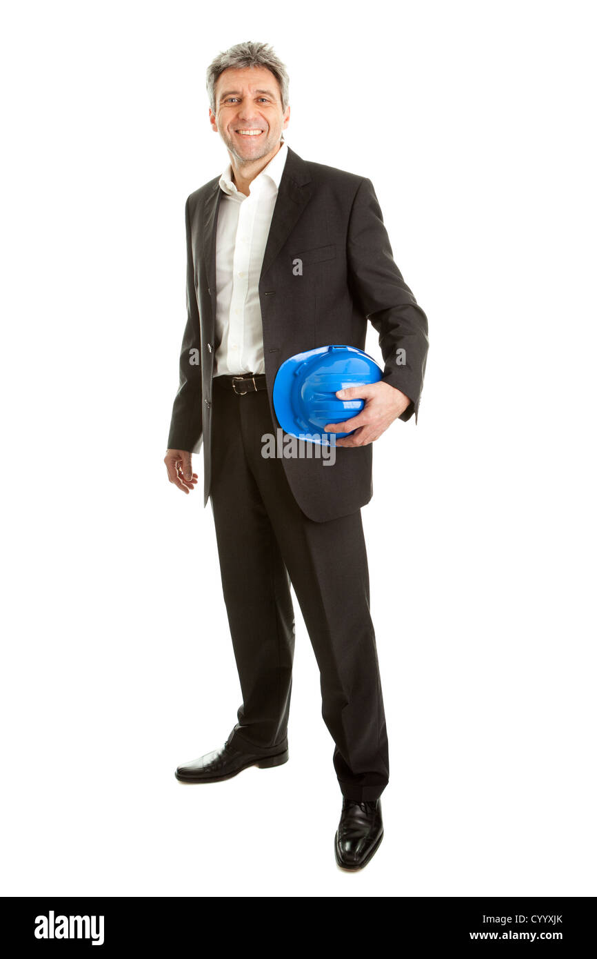 Full length portrait of successfull architect wearing blue hard hat
