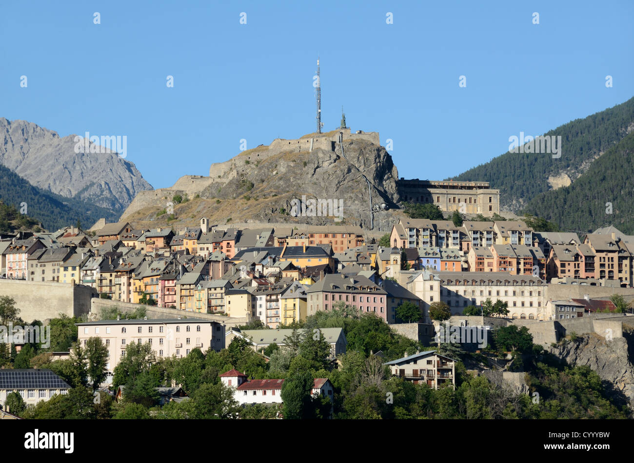 Panorama or Panoramic View over the Fortified Town, Castle, Fort, Citadel and Vauban Fortifications Briançon Hautes-Alpes France Stock Photo