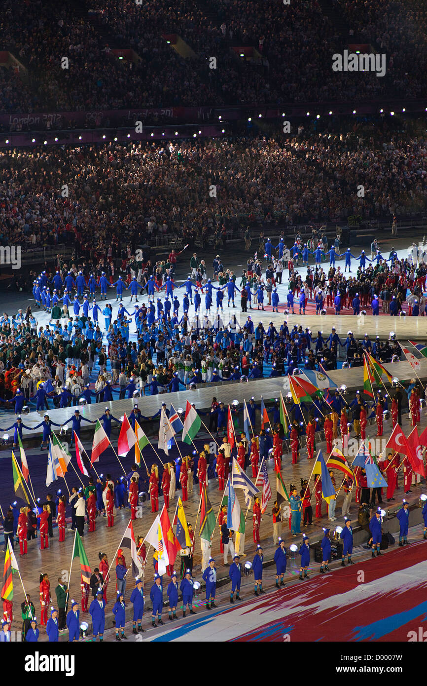 England, London, Stratford, Olympic games closing ceremony with flags of competing countries displayed in the stadium Stock Photo