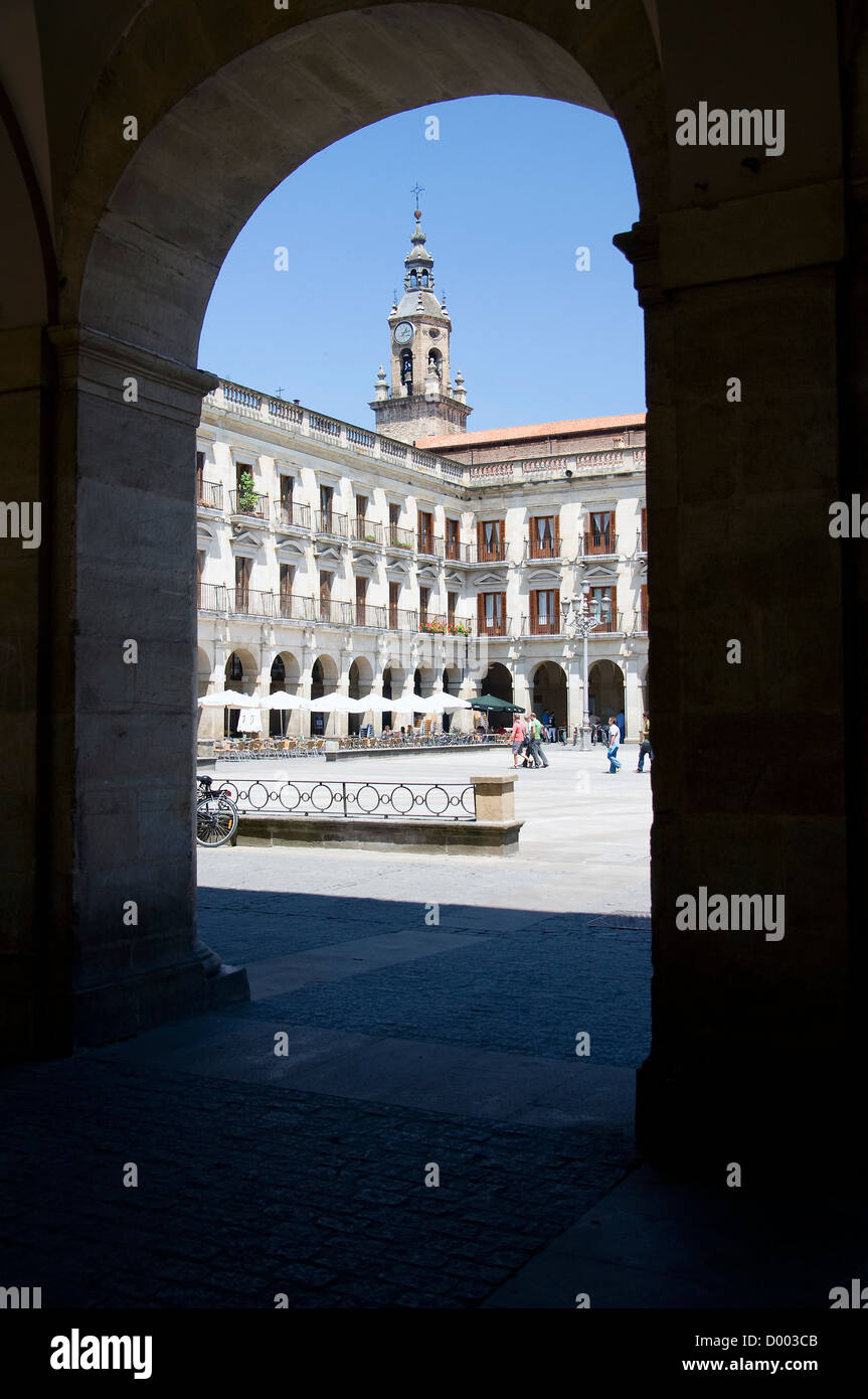 The main square in Vitoria, also known as Plaza Nueva, was built in 1791 by the  Basque architect Justo Antonio de Olaguibel. Stock Photo