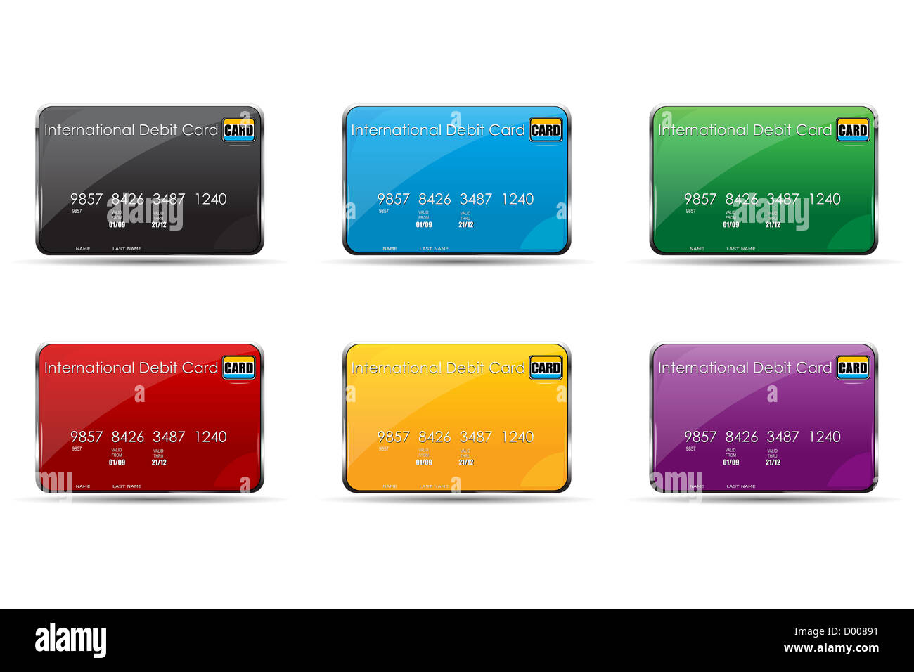illustration of colorful international debit cards on white background